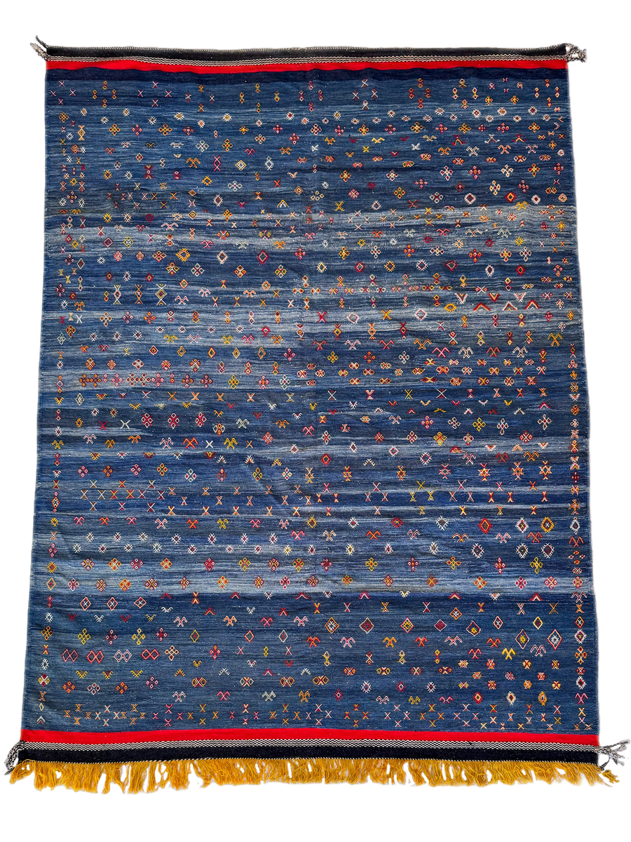 Anzal’s Symbolic Indigo Flatweave | Moroccan Wool Area Rug 8’8" x 12’5"